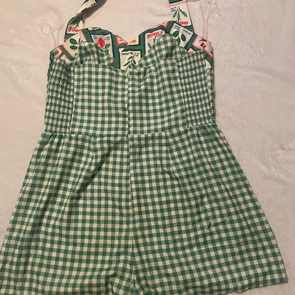 Unique Vintage Green Gingham Halter Romper with Fruit Print Trim - Picture 2 of 6
